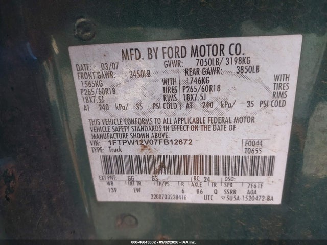 Aukcja sprzedaży 2007 Ford F-150 Lariat/xlt, vin: 1FTPW12V07FB12672, numer aukcji: 46043302