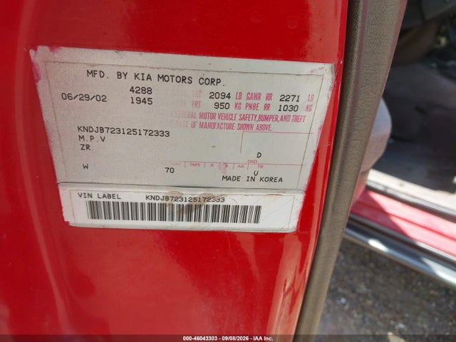 46043303 :رقم المزاد ، KNDJB723125172333 vin ، 2002 Kia Sportage مزاد بيع