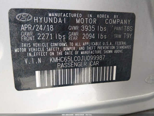 Продаж на аукціоні авто 2018 Hyundai Ioniq Hybrid Blue, vin: KMHC65LC0JU099987, номер лоту: 46043306