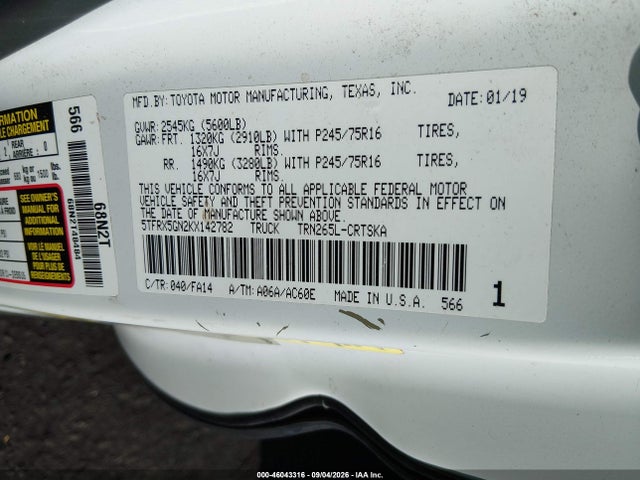 Aukcja sprzedaży 2019 Toyota Tacoma Sr, vin: 5TFRX5GN2KX142782, numer aukcji: 46043316