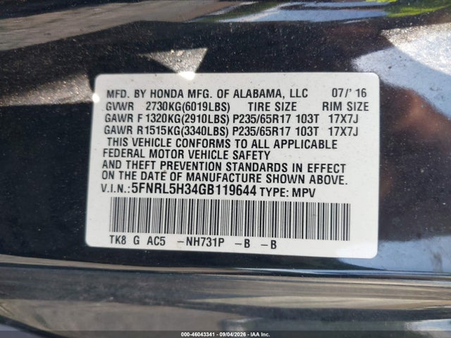 Aukcja sprzedaży 2016 Honda Odyssey Se, vin: 5FNRL5H34GB119644, numer aukcji: 46043341