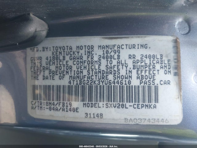 46043348 :رقم المزاد ، 4T1BG22K3YU644610 vin ، 2000 Toyota Camry Le مزاد بيع