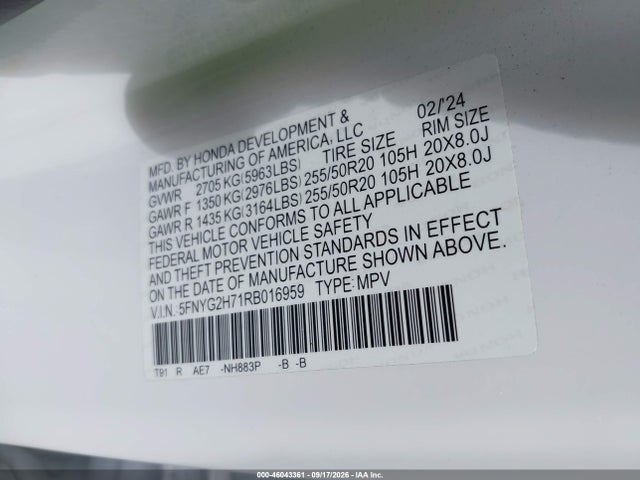 5FNYG2H71RB016959 Honda Pilot Touring