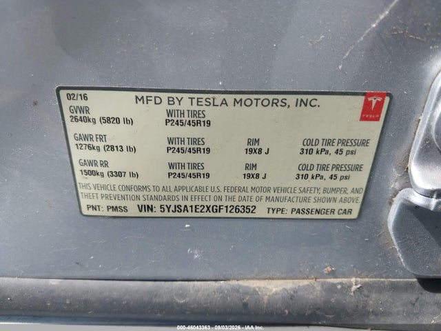 46043363 :رقم المزاد ، 5YJSA1E2XGF126352 vin ، 2016 Tesla Model S 60d/70d/75d/85d/90d مزاد بيع