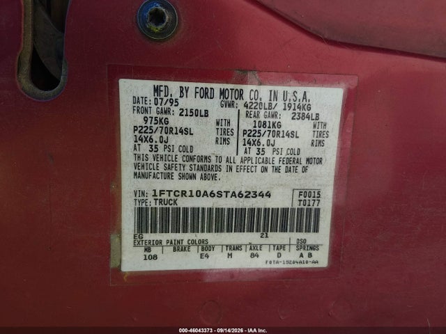 46043373 :رقم المزاد ، 1FTCR10A6STA62344 vin ، 1995 Ford Ranger مزاد بيع
