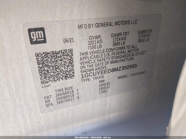 46043384 :رقم المزاد ، 1GCUYEED8MZ350965 vin ، 2021 Chevrolet Silverado 1500 4wd  Short Bed Rst مزاد بيع