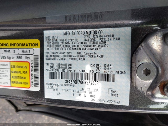 Продаж на аукціоні авто 2016 Ford Fusion Se, vin: 3FA6P0H70GR272863, номер лоту: 46043394
