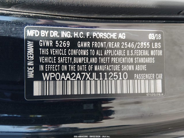46043395 :رقم المزاد ، WP0AA2A7XJL112510 vin ، 2018 Porsche Panamera 4 مزاد بيع