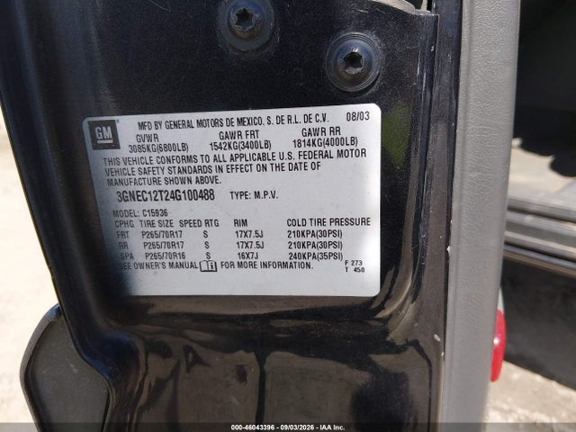 Auction sale of the 2004 Chevrolet Avalanche 1500, vin: 3GNEC12T24G100488, lot number: 46043396