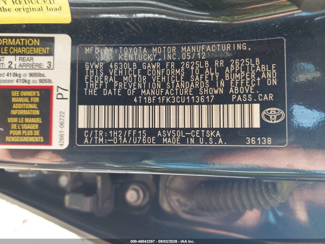 2012 Toyota Camry Se მანქანა იყიდება აუქციონზე, vin: 4T1BF1FK3CU113617, აუქციონის ნომერი: 46043397