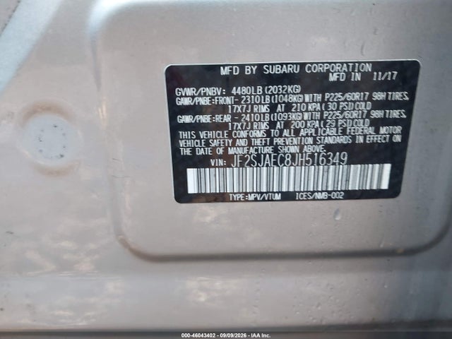 Aukcja sprzedaży 2018 Subaru Forester 2.5i Premium, vin: JF2SJAEC8JH516349, numer aukcji: 46043402