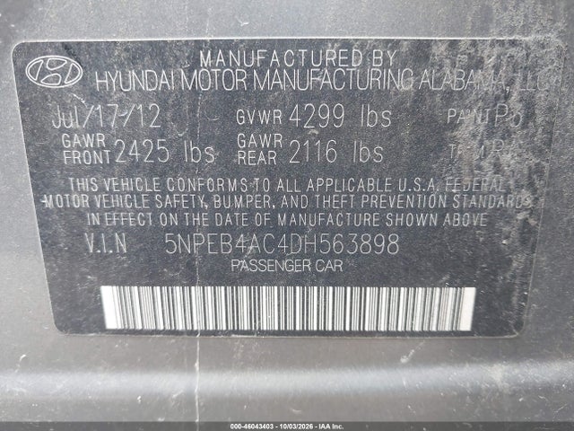 Aukcja sprzedaży 2013 Hyundai Sonata Gls, vin: 5NPEB4AC4DH563898, numer aukcji: 46043403