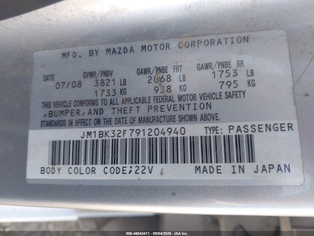 Продажа на аукционе авто 2009 Mazda Mazda3 I Sport, vin: JM1BK32F791204940, номер лота: 46043411
