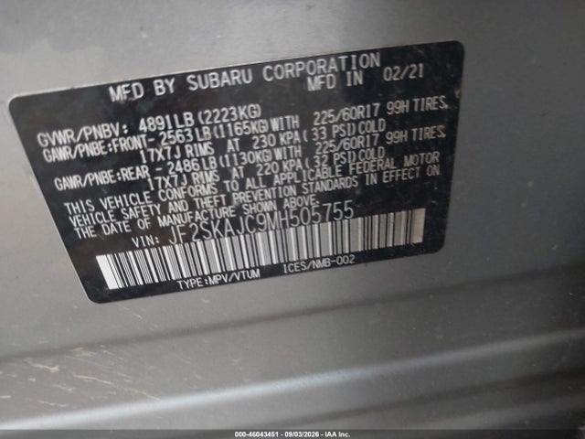 2021 Subaru Forester Premium მანქანა იყიდება აუქციონზე, vin: JF2SKAJC9MH505755, აუქციონის ნომერი: 46043451