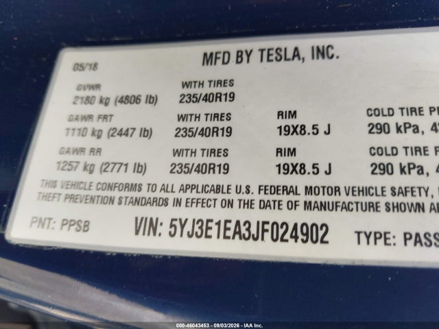 Продажа на аукционе авто 2018 Tesla Model 3 Long Range/mid Range, vin: 5YJ3E1EA3JF024902, номер лота: 46043453