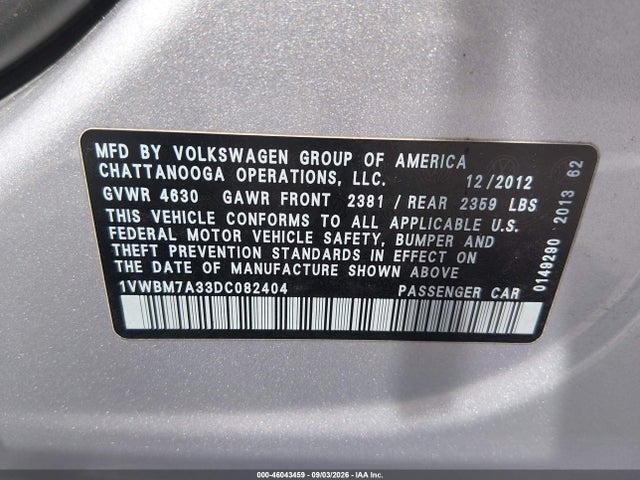 2013 Volkswagen Passat 3.6l V6 Se მანქანა იყიდება აუქციონზე, vin: 1VWBM7A33DC082404, აუქციონის ნომერი: 46043459