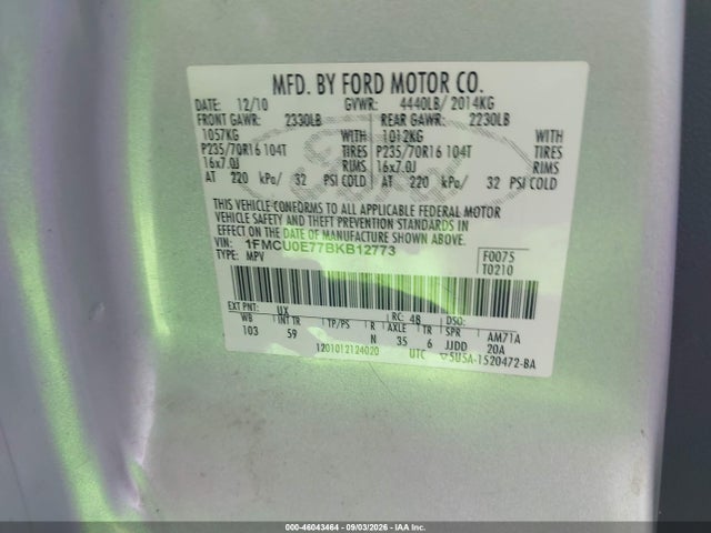 Продажа на аукционе авто 2011 Ford Escape Limited, vin: 1FMCU0E77BKB12773, номер лота: 46043464
