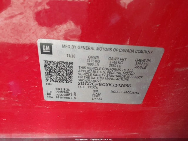 46043471 :رقم المزاد ، 2GCRCPECXK1143586 vin ، 2019 Chevrolet Silverado 1500 Ld Lt مزاد بيع