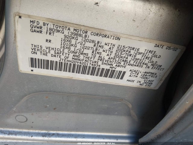 2002 Toyota Rav4 მანქანა იყიდება აუქციონზე, vin: JTEHH20V420174834, აუქციონის ნომერი: 46043483