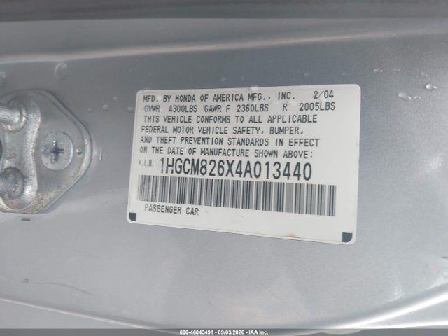 Aukcja sprzedaży 2004 Honda Accord 3.0 Ex, vin: 1HGCM826X4A013440, numer aukcji: 46043491