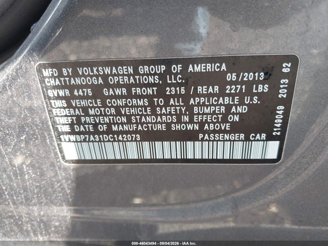 Продажа на аукционе авто 2013 Volkswagen Passat 2.5l Se, vin: 1VWBP7A31DC142073, номер лота: 46043494