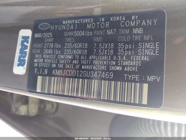 Aukcja sprzedaży 2025 Hyundai Tucson Hybrid Sel Convenience, vin: KM8JCDD12SU347469, numer aukcji: 46043497