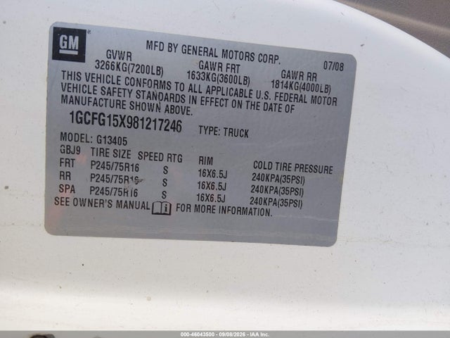 2008 Chevrolet Express Work Van მანქანა იყიდება აუქციონზე, vin: 1GCFG15X981217246, აუქციონის ნომერი: 46043500