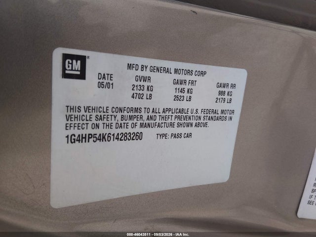 46043511 :رقم المزاد ، 1G4HP54K614283260 vin ، 2001 Buick Lesabre Custom مزاد بيع