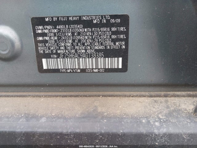 46043520 :رقم المزاد ، JF2SH6AC9AG738385 vin ، 2010 Subaru Forester 2.5x مزاد بيع