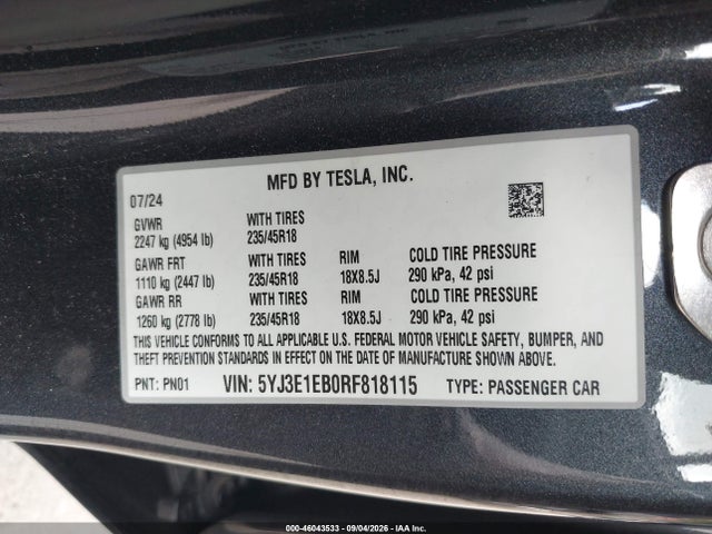 Auction sale of the 2024 Tesla Model 3 Long Range Dual Motor All-wheel Drive, vin: 5YJ3E1EB0RF818115, lot number: 46043533