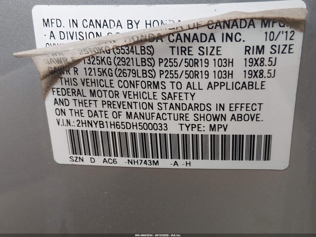 Продаж на аукціоні авто 2013 Acura Zdx, vin: 2HNYB1H65DH500033, номер лоту: 46043534