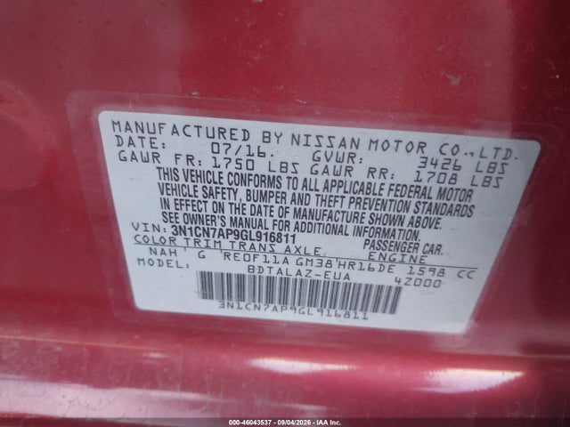 2016 Nissan Versa 1.6 S+ მანქანა იყიდება აუქციონზე, vin: 3N1CN7AP9GL916811, აუქციონის ნომერი: 46043537