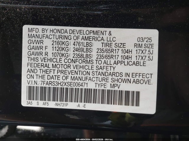 Aukcja sprzedaży 2025 Honda Cr-v Lx 2wd, vin: 7FARS3H2XSE006471, numer aukcji: 46043554