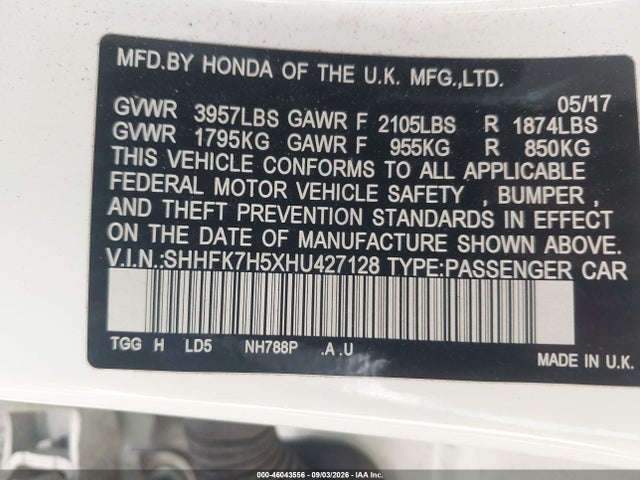 Honda CIVIC EX 2017 SHHFK7H5XHU427128 Image 9