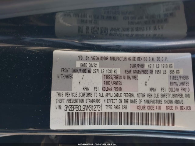 2022 Mazda Mazda3 მანქანა იყიდება აუქციონზე, vin: 3MZBPBCL9NM312731, აუქციონის ნომერი: 46043559