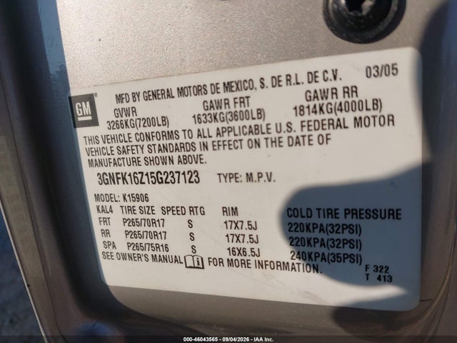 Продаж на аукціоні авто 2005 Chevrolet Suburban 1500 Lt, vin: 3GNFK16Z15G237123, номер лоту: 46043565