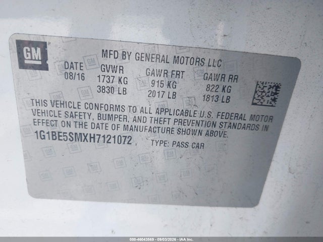 46043569 :رقم المزاد ، 1G1BE5SMXH7121072 vin ، 2017 Chevrolet Cruze Lt Auto مزاد بيع