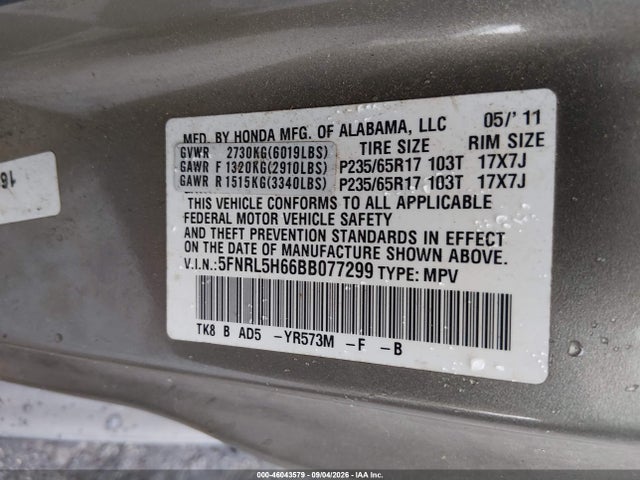 Aukcja sprzedaży 2011 Honda Odyssey Ex-l, vin: 5FNRL5H66BB077299, numer aukcji: 46043579