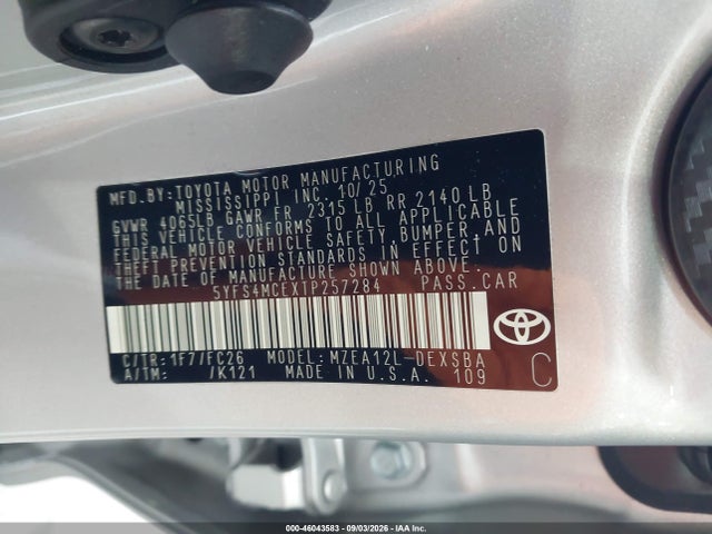 Продажа на аукционе авто 2026 Toyota Corolla Se, vin: 5YFS4MCEXTP257284, номер лота: 46043583