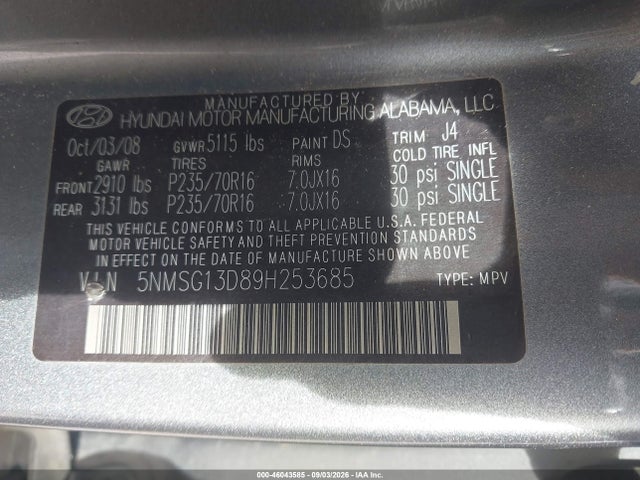 Aukcja sprzedaży 2009 Hyundai Santa Fe Gls, vin: 5NMSG13D89H253685, numer aukcji: 46043585