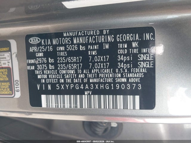 KIA Sorento 2.4l Lx 2017 5XYPG4A3XHG190373 Image 9