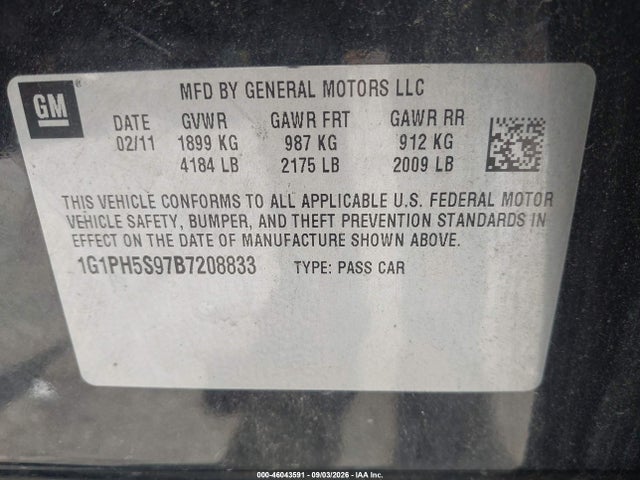 2011 Chevrolet Cruze Ltz მანქანა იყიდება აუქციონზე, vin: 1G1PH5S97B7208833, აუქციონის ნომერი: 46043591