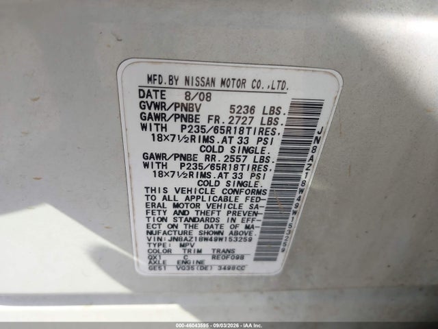 2009 Nissan Murano Sl მანქანა იყიდება აუქციონზე, vin: JN8AZ18W49W153259, აუქციონის ნომერი: 46043595