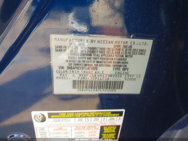 Aukcja sprzedaży 2026 Nissan Kicks Sv, vin: 3N8AP6CE8TL421020, numer aukcji: 46043601