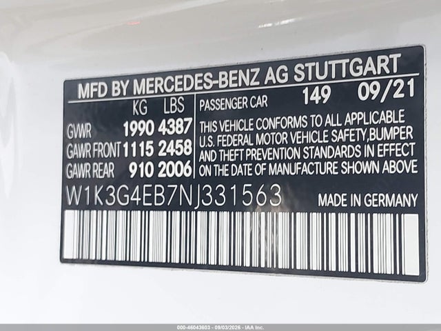 W1K3G4EB7NJ331563 Mercedes-Benz A 220