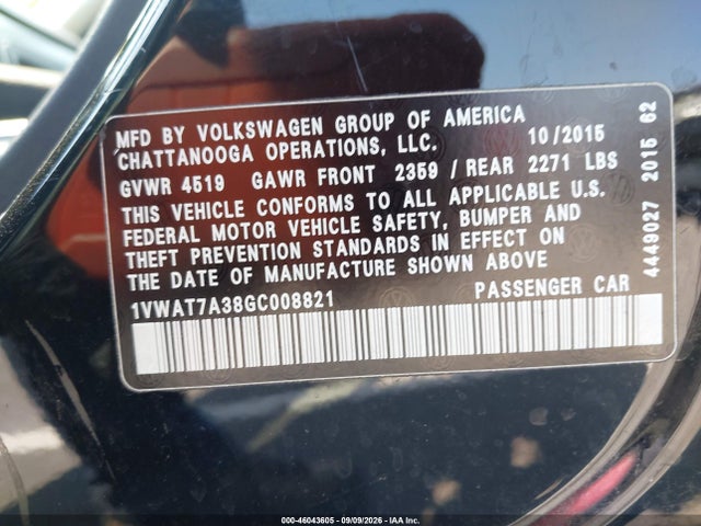 46043605 :رقم المزاد ، 1VWAT7A38GC008821 vin ، 2016 Volkswagen Passat 1.8t S مزاد بيع