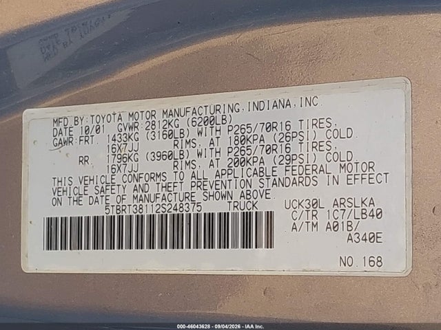 Продаж на аукціоні авто 2002 Toyota Tundra Ltd V8, vin: 5TBRT38112S248375, номер лоту: 46043628