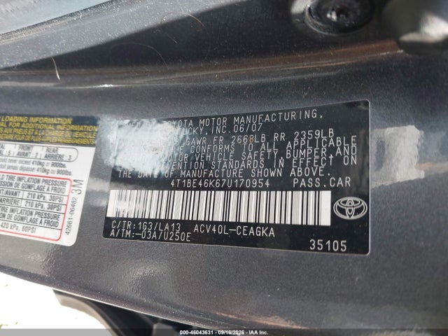 Продаж на аукціоні авто 2007 Toyota Camry Xle, vin: 4T1BE46K67U170954, номер лоту: 46043631