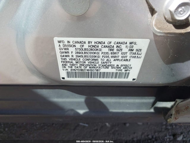 46043639 :رقم المزاد ، 2HNYD18274H507167 vin ، 2004 Acura Mdx مزاد بيع
