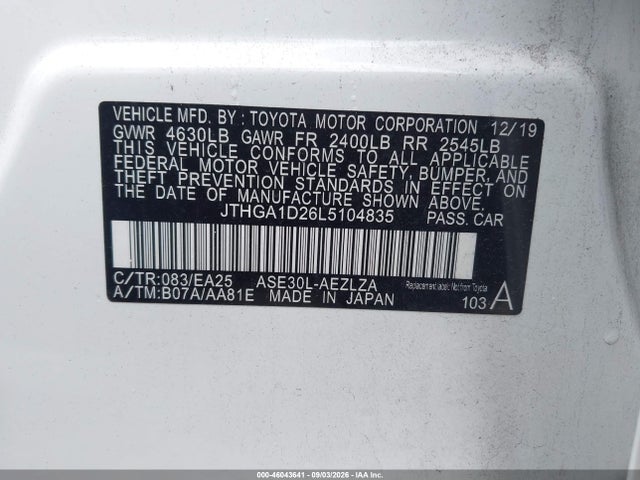Aukcja sprzedaży 2020 Lexus Is 300, vin: JTHGA1D26L5104835, numer aukcji: 46043641